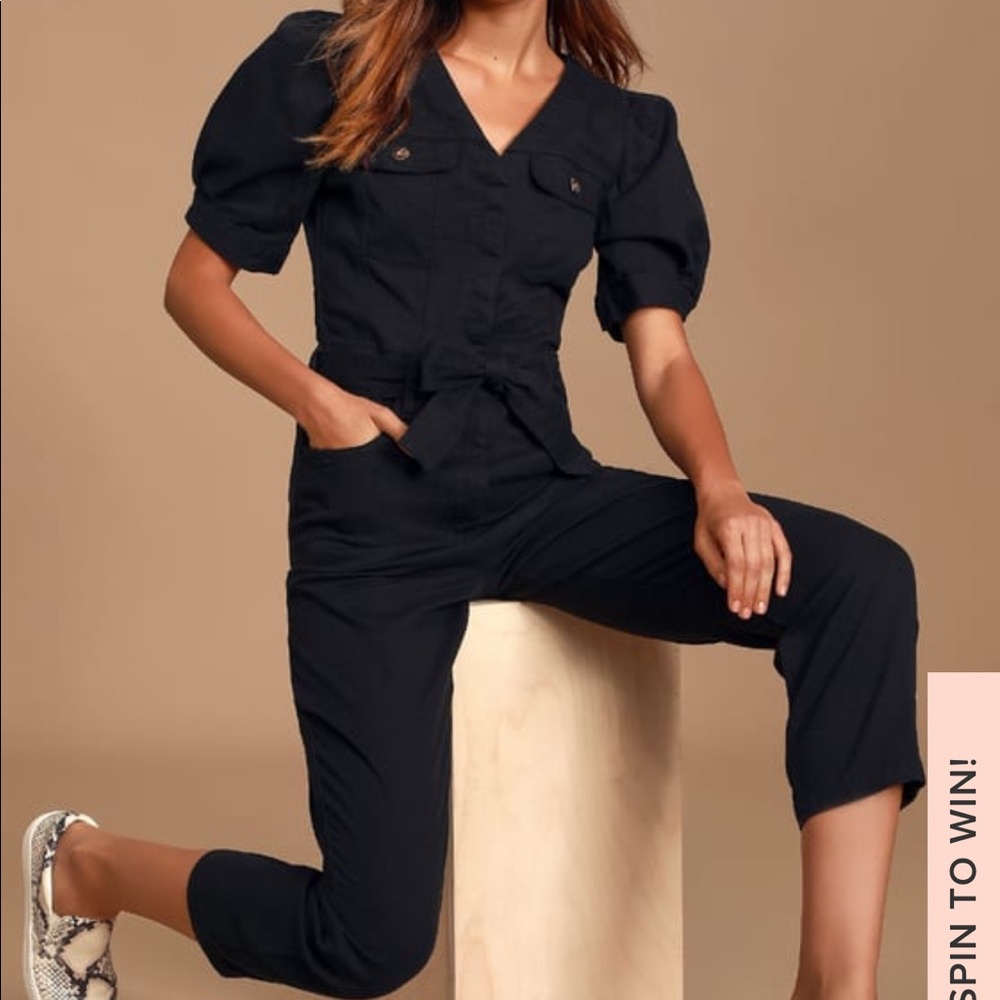Lulus Ralston Black Puff Sleeve Denim Jumpsuit